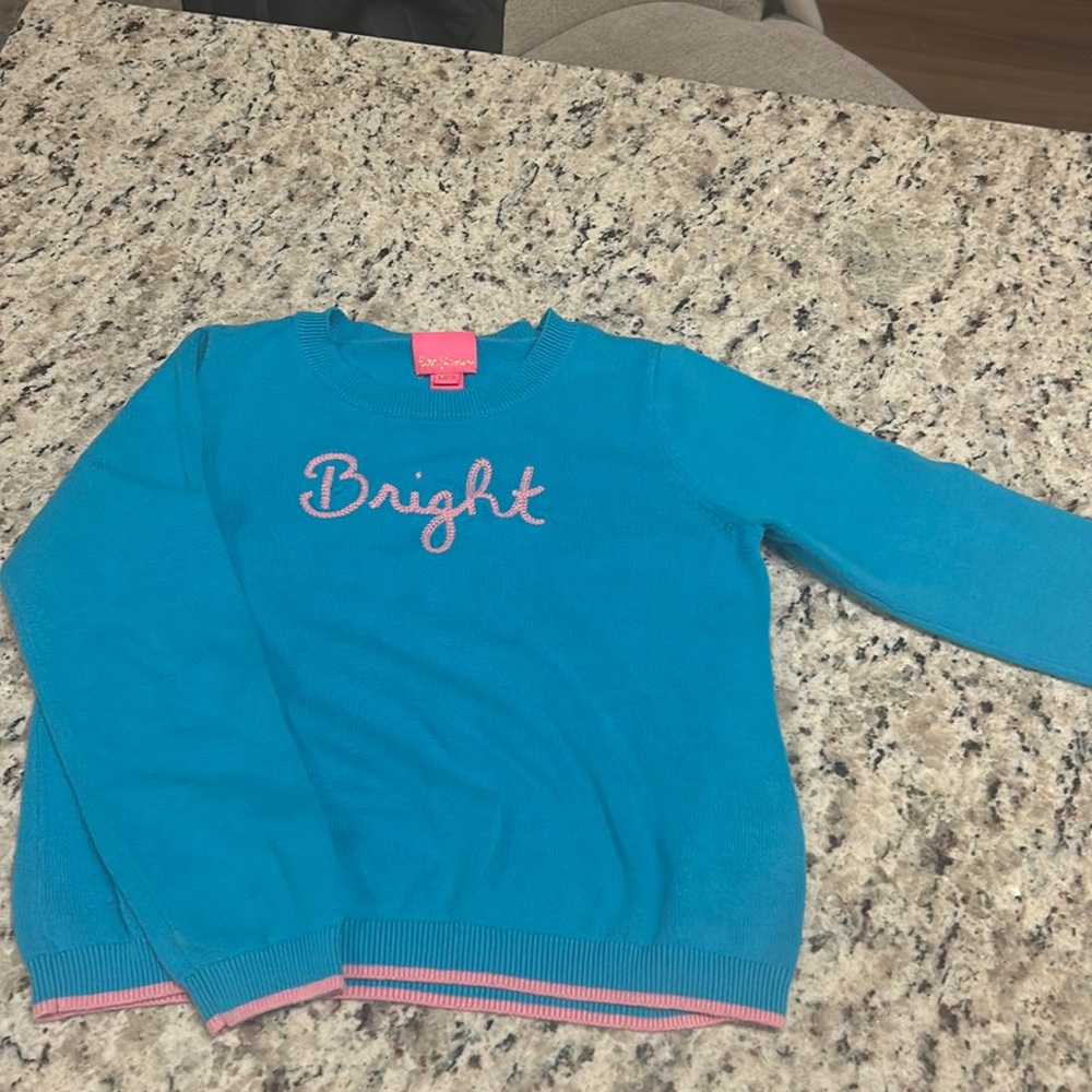 Lilly Pulitzer Medium Turquoise sweater with pink embroidered “ Bright.” 6/7